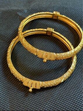 Gold Textured Hinged Bangle Bracelet Pair for Women
